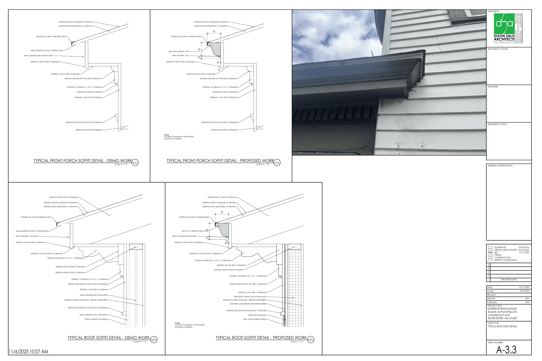 Sheet A-3.3 — Typical Roof Edge Details. Front porch and roof soffit demo and proposed work sections, with existing condition photo.