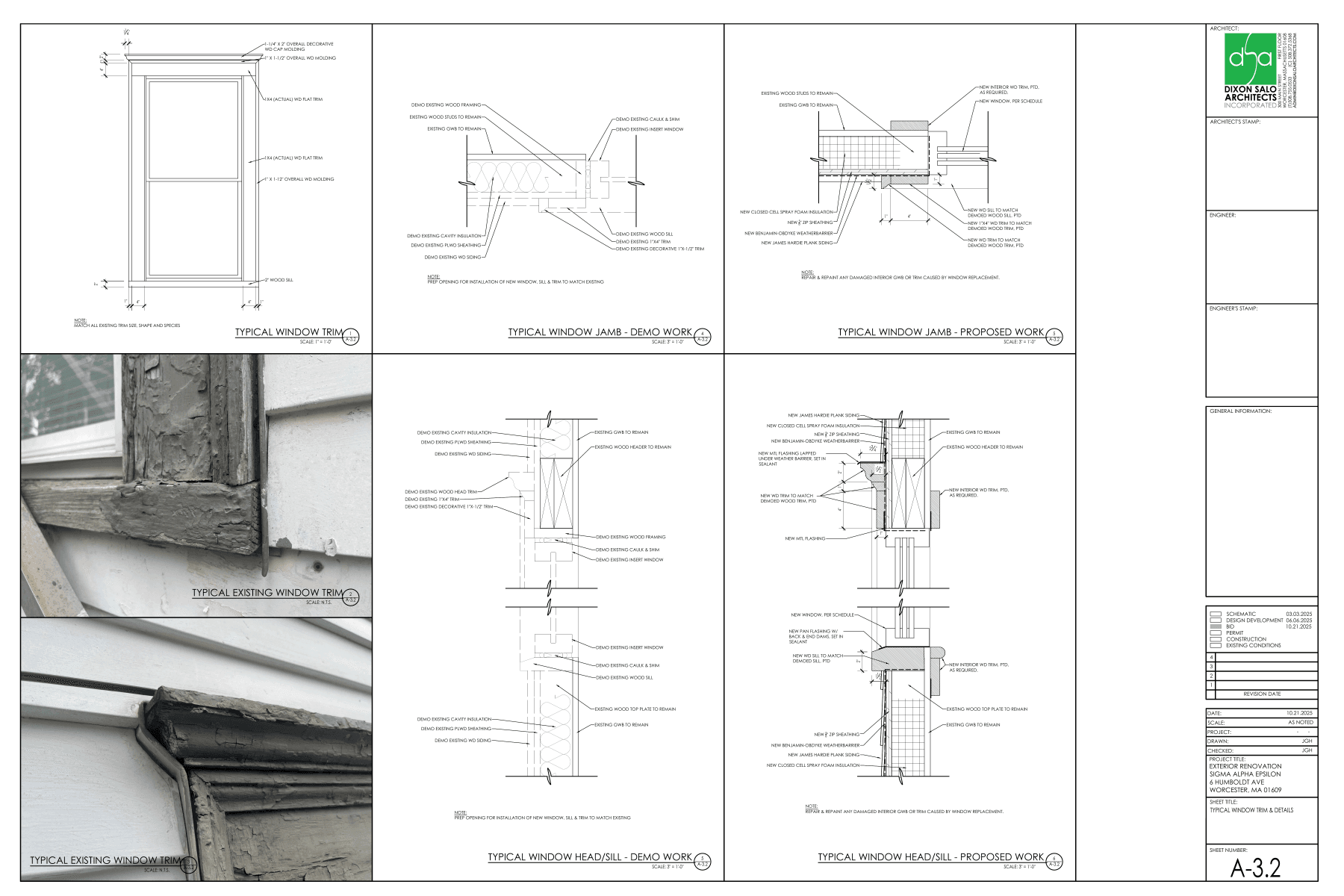 Sheet A-3.2 — Typical Window Trim & Details. Existing window trim photos and proposed work sections from Dixon Salo Architects.